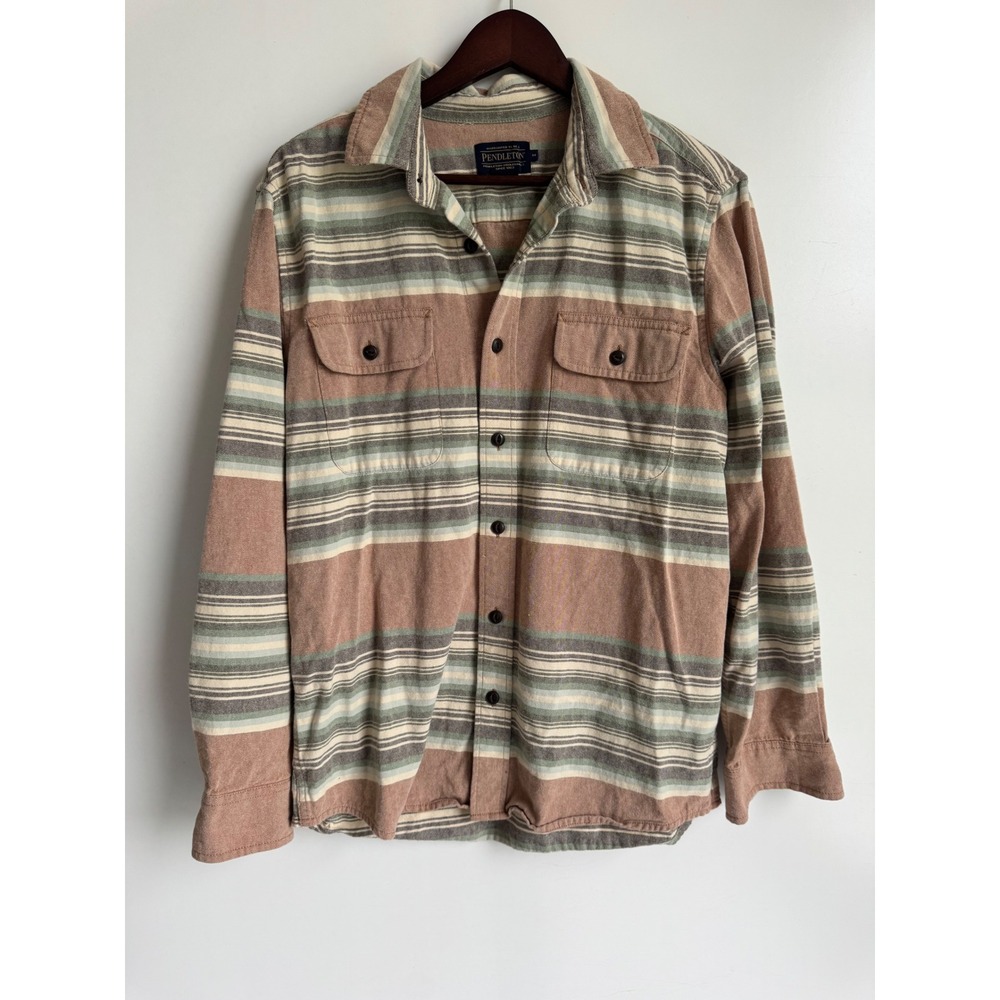 Pendleton Men Striped Cotton Button Down Shirt Brown Aztec Green Western Medium